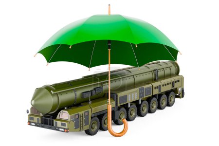 Foto de Misil Scud, sistema móvil de misiles balísticos de corto alcance bajo paraguas. Representación 3D aislada sobre fondo blanco - Imagen libre de derechos