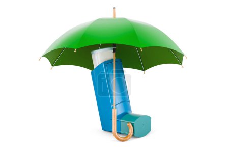 Foto de Inhalador de dosis medida, MDI bajo paraguas. Representación 3D aislada sobre fondo blanco - Imagen libre de derechos