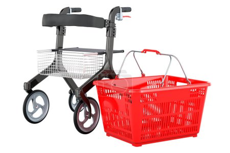 Foto de Rollator para ancianos con cesta de la compra, representación 3D aislada sobre fondo blanco - Imagen libre de derechos