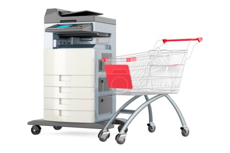 Photo for Office multifunction printer MFP with shopping cart. 3D rendering isolated on white background - Royalty Free Image