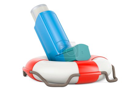 Foto de Inhalador de dosis medida, MDI dentro del salvavidas. Representación 3D aislada sobre fondo blanco - Imagen libre de derechos