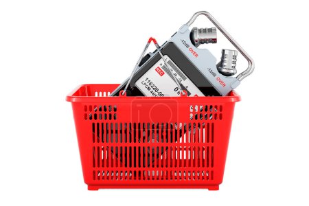 Photo for Shopping basket with digital voice recorder, 3D rendering isolated on white background - Royalty Free Image