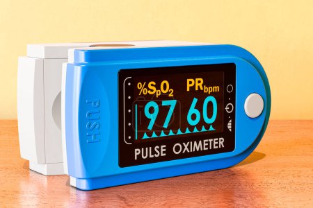Photo for Pulse oximeter fingertip on the wooden table. 3D rendering - Royalty Free Image