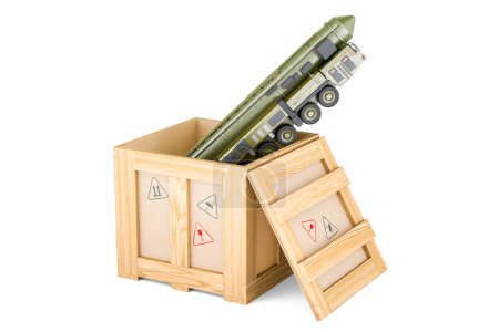 Foto de Misil Scud, sistema móvil de misiles balísticos de corto alcance dentro de una caja de madera, concepto de entrega. Representación 3D aislada sobre fondo blanco - Imagen libre de derechos
