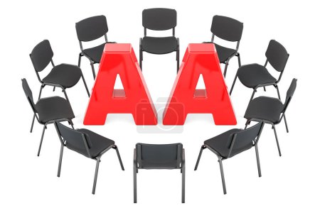 AA-Tagungskonzept. Stühle im Kreis mit AA, 3D-Darstellung isoliert auf weißem Hintergrund 