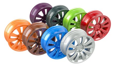 Colored car rims, 3D rendering isolated on white background