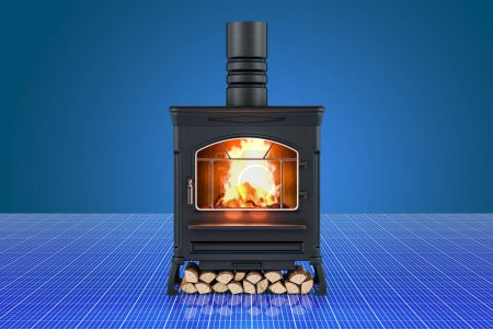 Photo for Potbelly stove, wood burner stove on digital, futuristic background, 3D rendering - Royalty Free Image