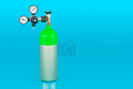 Foto de Depósito de oxígeno, cilindro de gas sobre fondo azul, representación 3D - Imagen libre de derechos