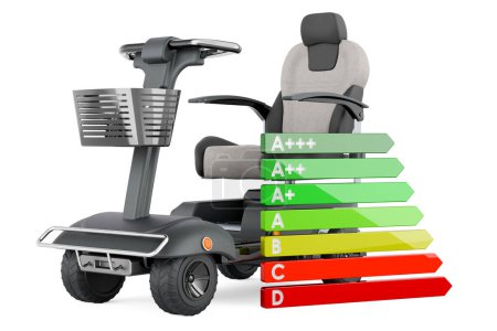 Foto de Scooter de movilidad con carta de eficiencia energética, renderizado 3D aislado sobre fondo blanco - Imagen libre de derechos