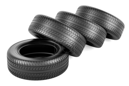 Téléchargez les photos : Jeu de pneus automobiles, rendu 3D isolé sur fond blanc - en image libre de droit