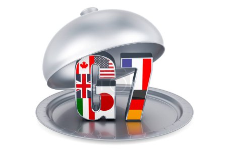 Téléchargez les photos : Restaurant cloche avec G7, rendu 3D isolé sur fond blanc - en image libre de droit