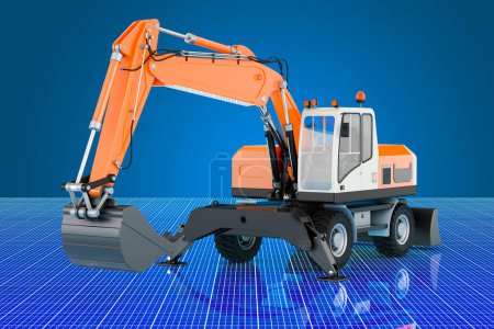 Photo for Excavator on digital, futuristic background, 3D rendering - Royalty Free Image