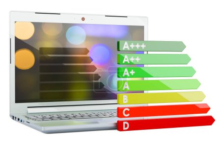 Foto de Laptop con gráfico de eficiencia energética, renderizado 3D aislado sobre fondo blanco - Imagen libre de derechos