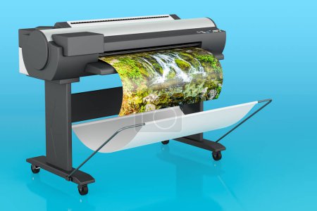 Plotter, großformatiger Tintenstrahldrucker auf blauem Hintergrund, 3D-Rendering 