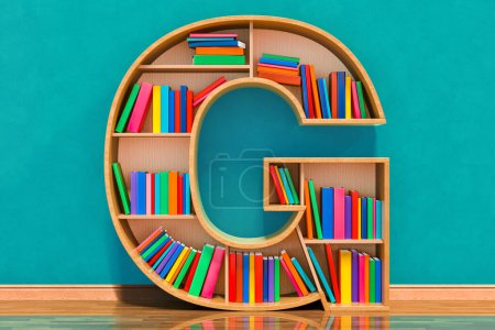 Photo for Letter G in the form of shelves with books in the room near wall, 3D rendering - Royalty Free Image