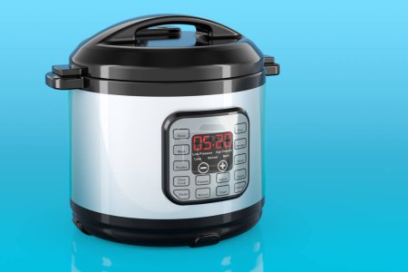 Automatic Multicooker on blue backdrop, 3D rendering 