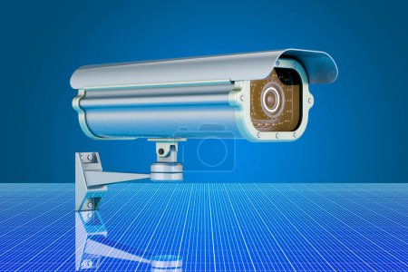 Téléchargez les photos : Caméra de surveillance de sécurité sur fond numérique futuriste, rendu 3D - en image libre de droit