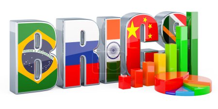 BRICS with growth bar graph and pie chart, 3D rendering isolated on white background