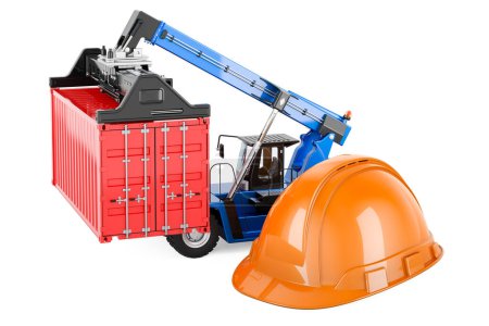 Photo for Forklift truck with cargo container and orange hard hat, 3D rendering isolated on white background - Royalty Free Image