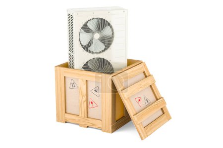 Téléchargez les photos : Unité multi-zone de compresseur extérieur, climatiseur à l'intérieur de la boîte en bois, concept de livraison. rendu 3D isolé sur fond blanc - en image libre de droit