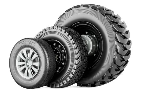 Foto de Rueda de coche, ruedas de camiones. Ruedas automáticas de varios tamaños, renderizado 3D aislado sobre fondo blanco - Imagen libre de derechos