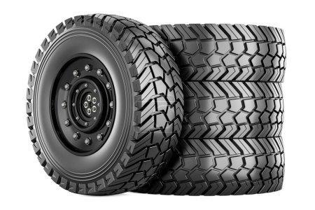 Foto de Conjunto de ruedas de camión, renderizado 3D aislado sobre fondo negro - Imagen libre de derechos
