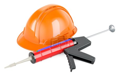 Sealant gun with orange hard hat, 3D rendering isolated on white background