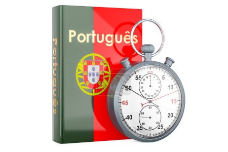 Téléchargez les photos : Manuel de langue portugaise avec chronomètre. Cours accélérés de langue portugaise, rendu 3D isolé sur fond blanc - en image libre de droit