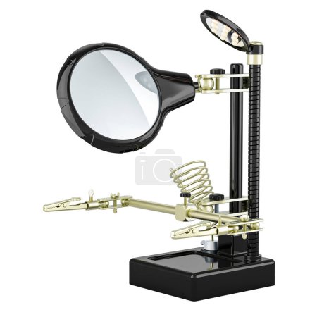 Adjustable Helping Hand With Magnifying Glass on Solid Heavy Base. 3D rendering isolated on white background