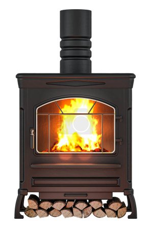 Wood burner stove, log burner with chimney pipe and firewood burning, 3D rendering isolated on white background