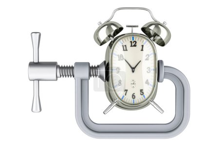 Foto de Reloj despertador apretado en un concepto de abrazadera, representación 3D aislada sobre fondo blanco - Imagen libre de derechos