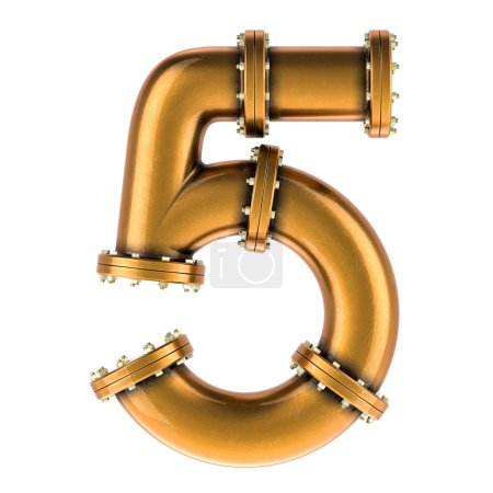 Foto de Número 5 de tubos de cobre, bronce o latón, representación 3D aislada sobre fondo blanco - Imagen libre de derechos