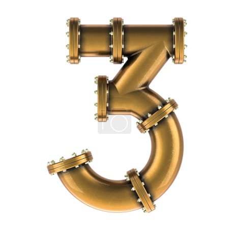 Number 3 from copper, bronze or brass pipes, 3D rendering isolated on white background