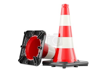 Two traffic cones, 3D rendering isolated on white background