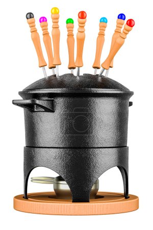 Foto de Olla Fondue de hierro fundido con tenedores, juego Fondue. Representación 3D aislada sobre fondo blanco - Imagen libre de derechos