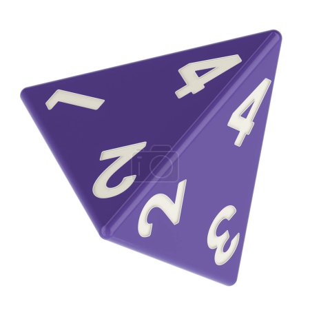 Photo for 4 sided die, tetrahedron dice, violet color. 3D rendering isolated on white background - Royalty Free Image
