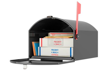 Black Large Mailbox with parcels, 3D rendering isolated on white background