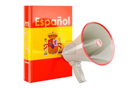 Foto de Libro de texto en español con megáfono. Cursos de español, representación 3D aislada sobre fondo blanco - Imagen libre de derechos