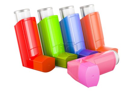 Foto de Conjunto de inhaladores de dosis medidas de color, representación 3D aislada sobre fondo blanco - Imagen libre de derechos