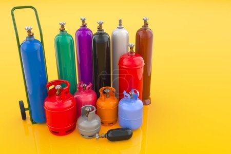 Different industrial liquefied gas cylinders with hand truck on yellow background. 3D rendering