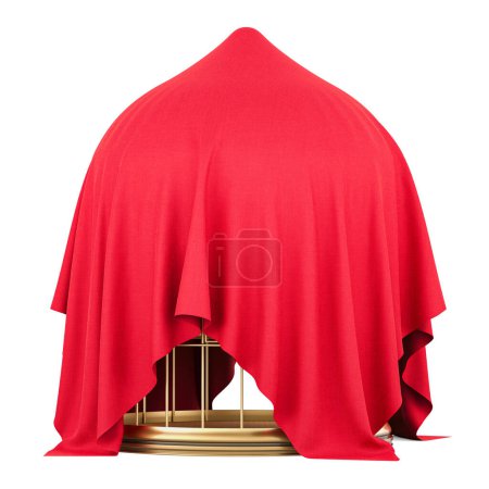 Golden bird cage covered red cloth, 3D rendering