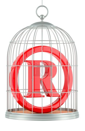 Téléchargez les photos : Symbole de marque déposée dans la cage à oiseaux, rendu 3D isolé sur fond blanc - en image libre de droit