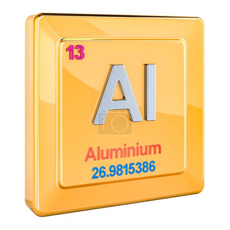 Aluminium Al, chemical element sign with number 13 in periodic table. 3D rendering isolated on white background
