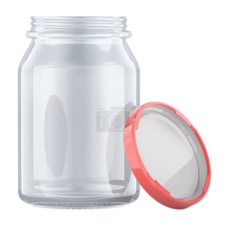 Opened empty glass jar with metal lid, 3D rendering isolated on white background