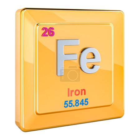 Ferrum, fer Fe signe d'élément chimique avec le numéro 26 dans le tableau périodique. rendu 3D isolé sur fond blanc