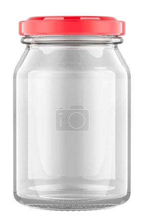 Closed empty glass jar with metal lid, 3D rendering isolated on white background
