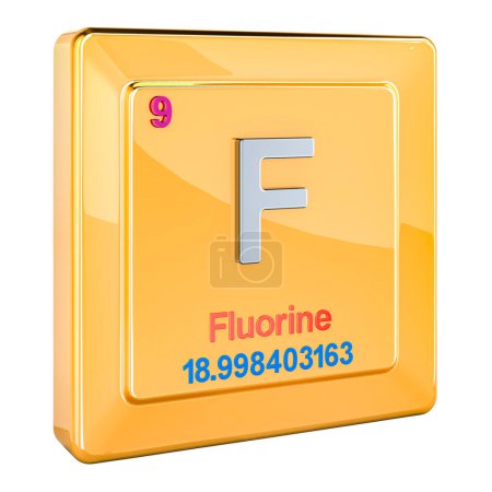 Fluorine F, chemical element sign with number 9 in periodic table. 3D rendering isolated on white background