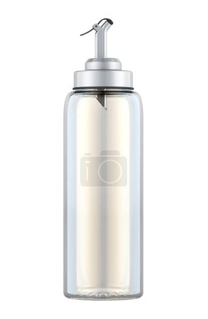 Botella de dispensador de aceite de vidrio vacío con pico de acero inoxidable, representación 3D aislada sobre fondo blanco