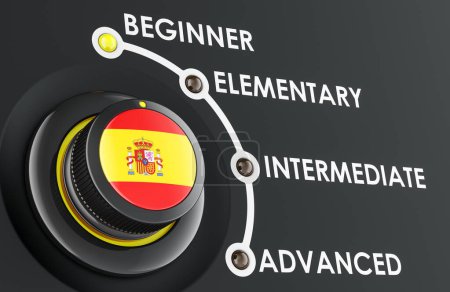 Niveaux d'espagnol, apprentissage et amélioration de la langue espagnole, concept avec bouton d'échelle. rendu 3D