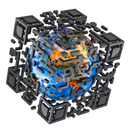 QR code cube avec Earth Globe à l'intérieur, rendu 3D isolé sur fond blanc 